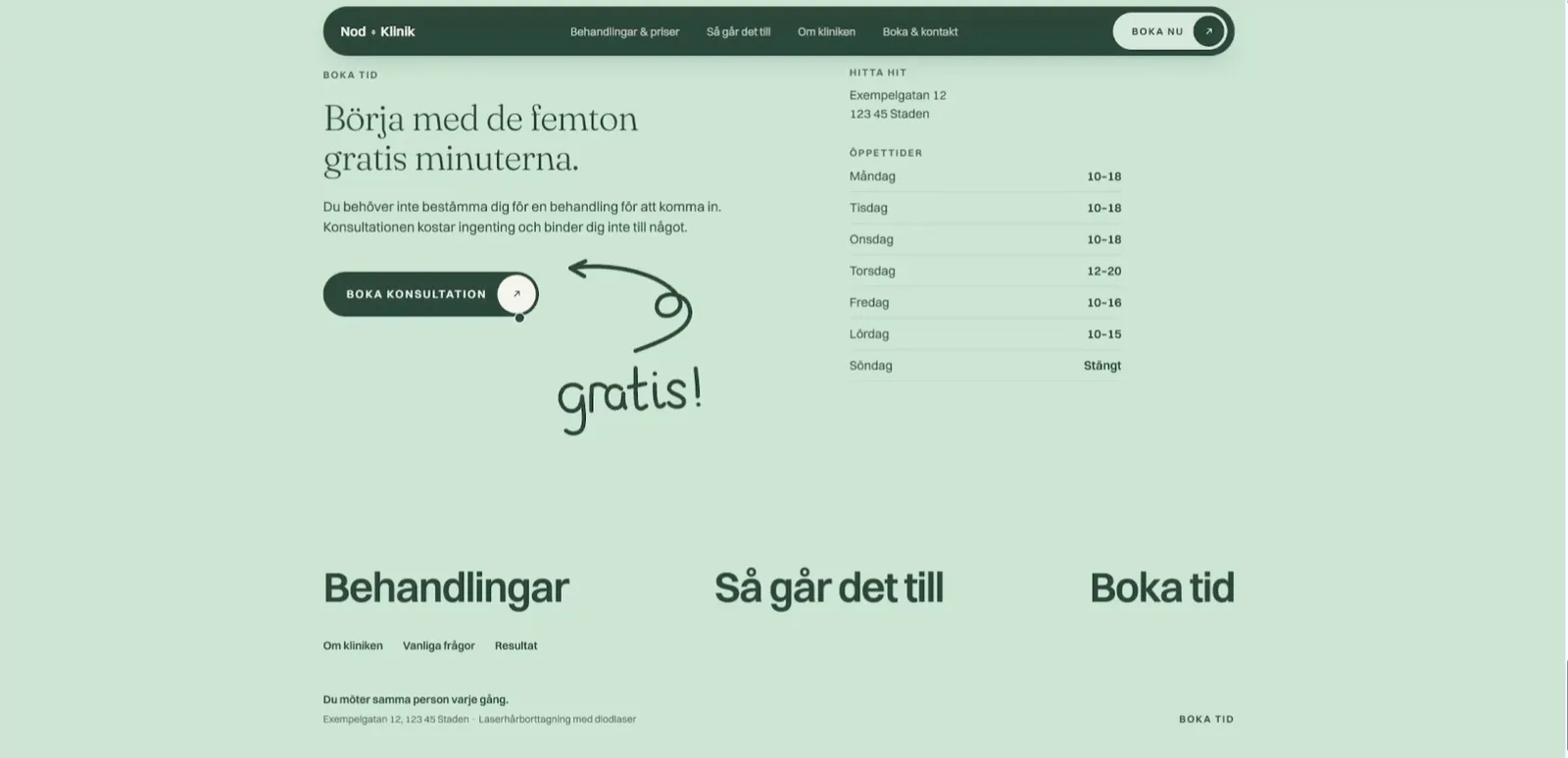Laserklinik — bokningen bredvid öppettider och adress, med en handritad pil