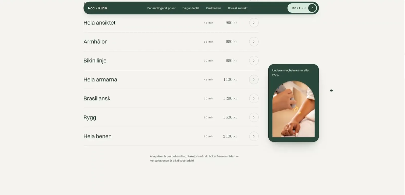 Laserklinik — behandlingskort i mobilformat bredvid prislistan