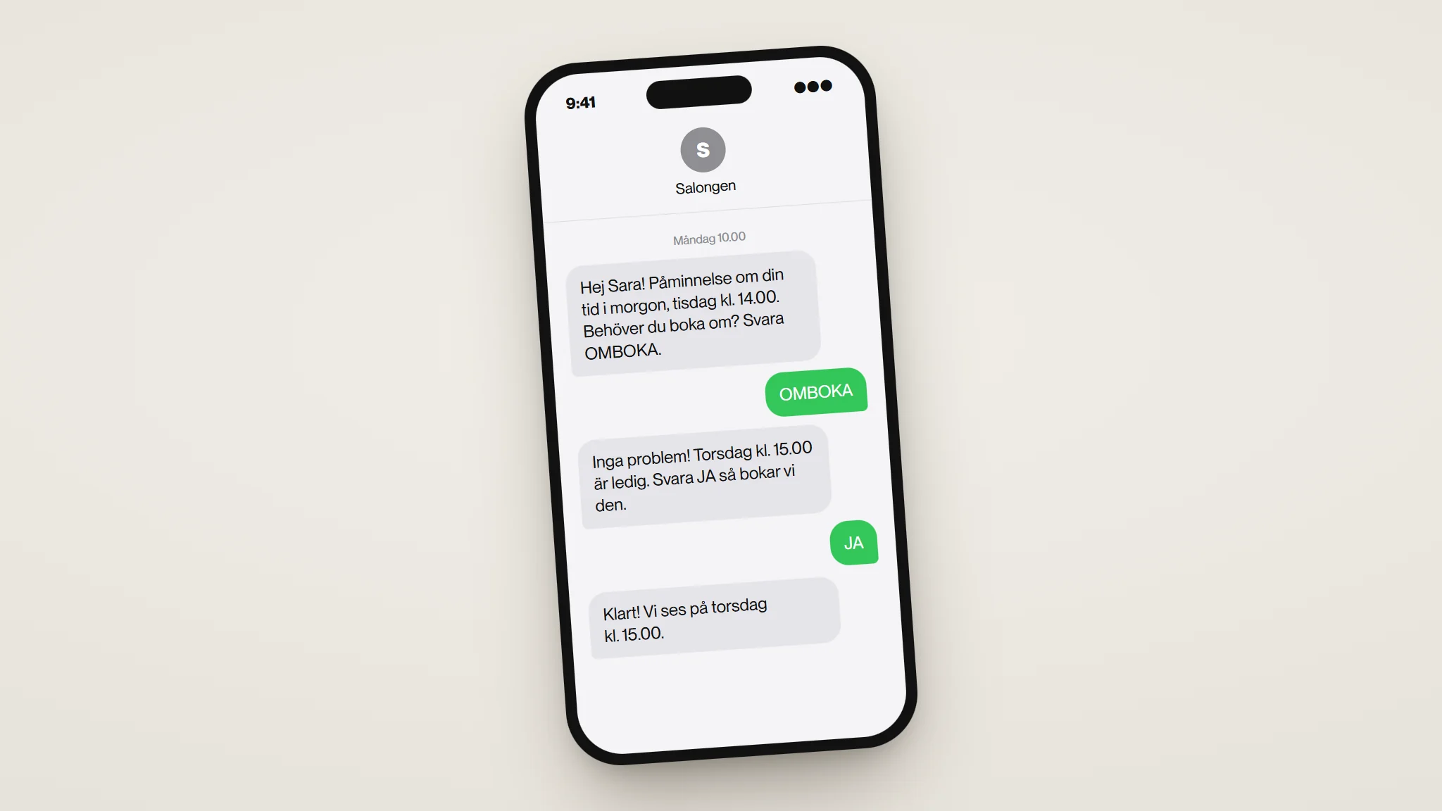 Grafik av en mobil med en SMS-påminnelse om en bokad tid och ett svar om att boka om.