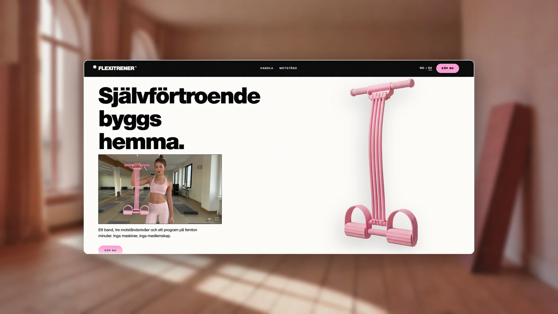 Flexitrener — webbutikens startsida visad i en mockup