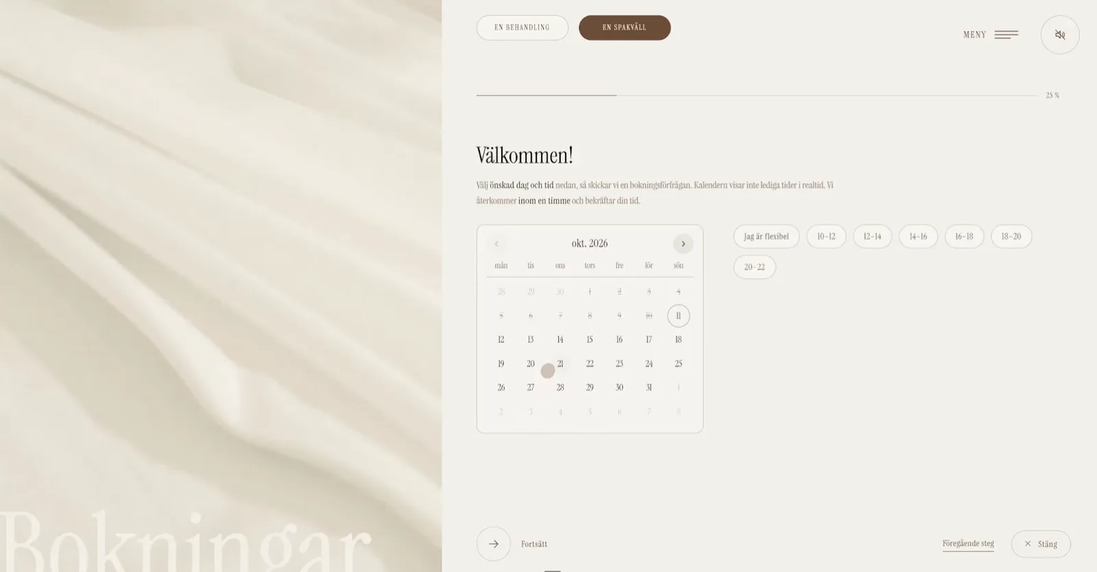 Lindra Spa — bokningens kalendersteg med valbara tidsfönster
