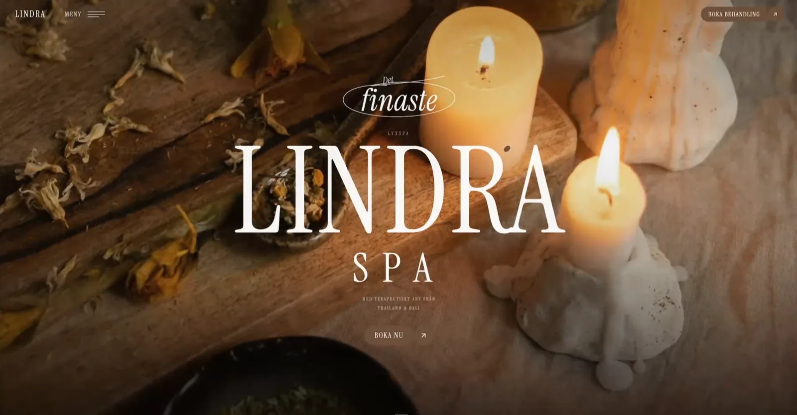 Lindra Spa — helskärmsstopp med LINDRA SPA över levande ljus och örter