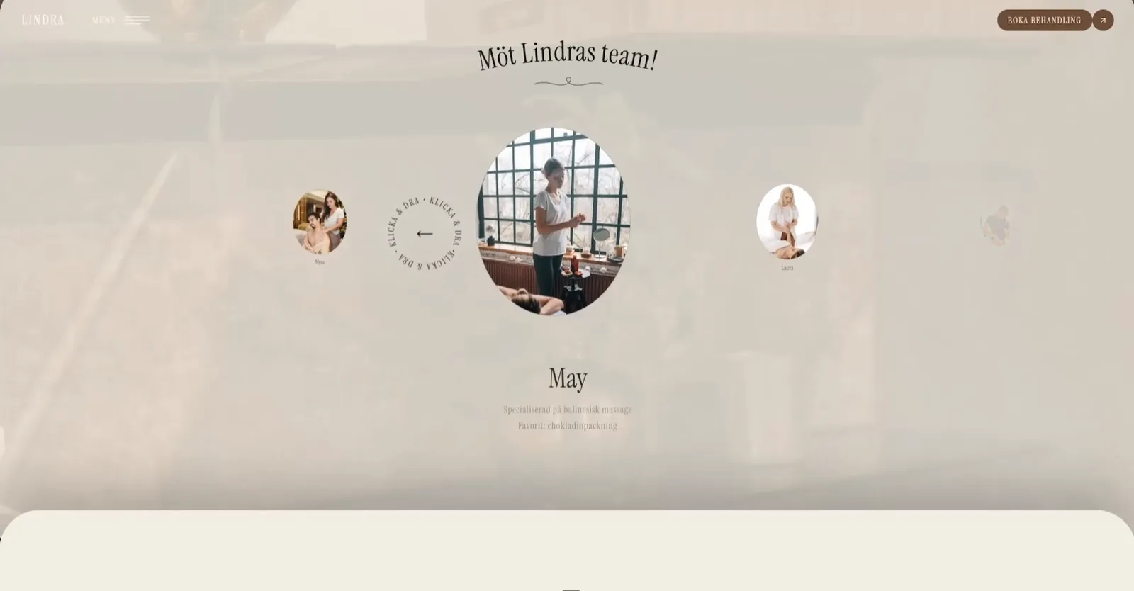 Lindra Spa — terapeutkarusellen med namn, specialitet och favorit